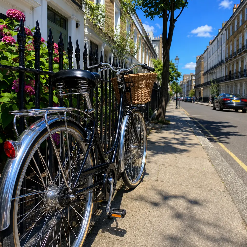 City utility bike with mudguards and rack on a sunny residential street