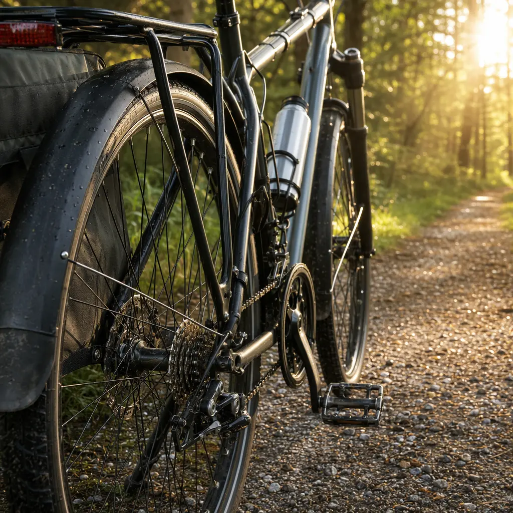Close-up of a utility bike rack and drivetrain in warm morning light
