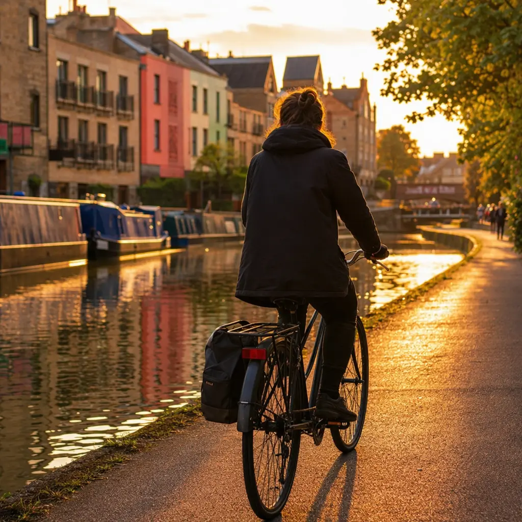 Utility-style city bike riding beside a canal in warm evening light