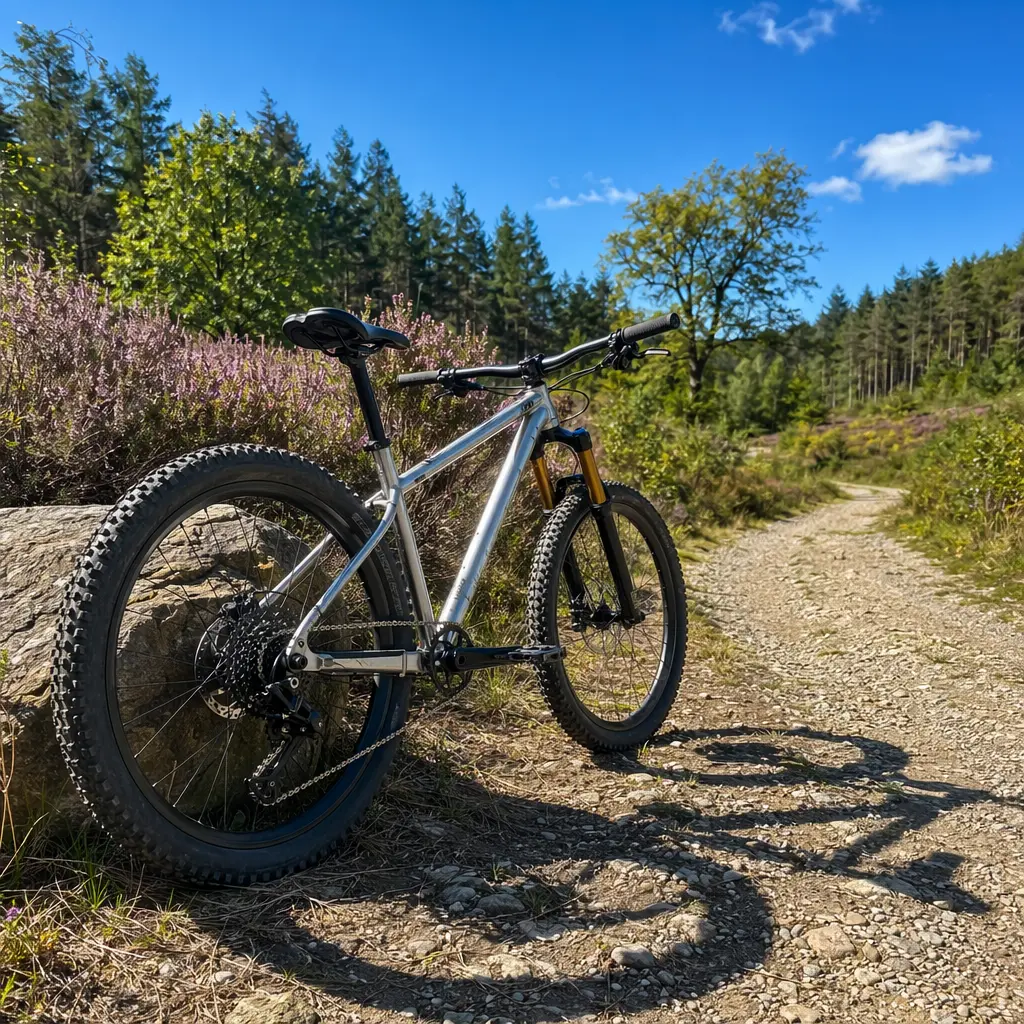A hardtail mountain bike beside a gravel trail on a bright summer day.