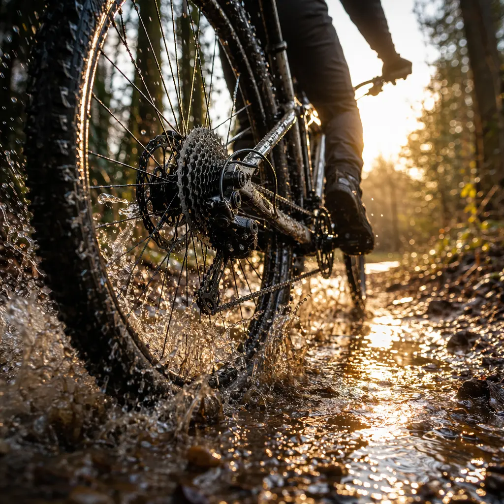 Close-up of a hardtail mountain bike riding through a puddle on a woodland trail.