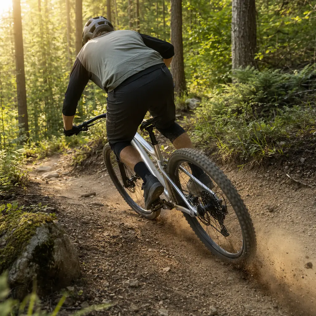 A modern hardtail mountain bike riding through sunlit woodland singletrack.