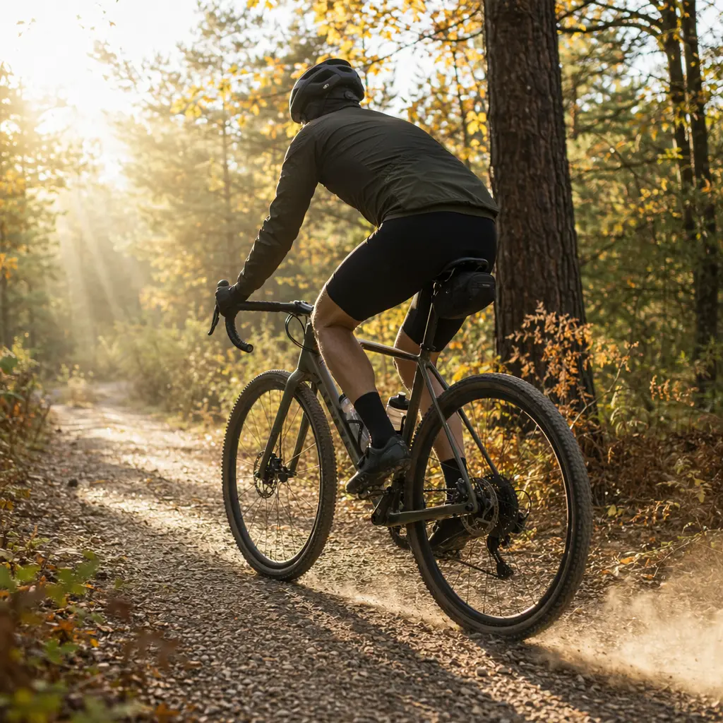 A gravel bike riding through sunny woodland on a hard-packed trail