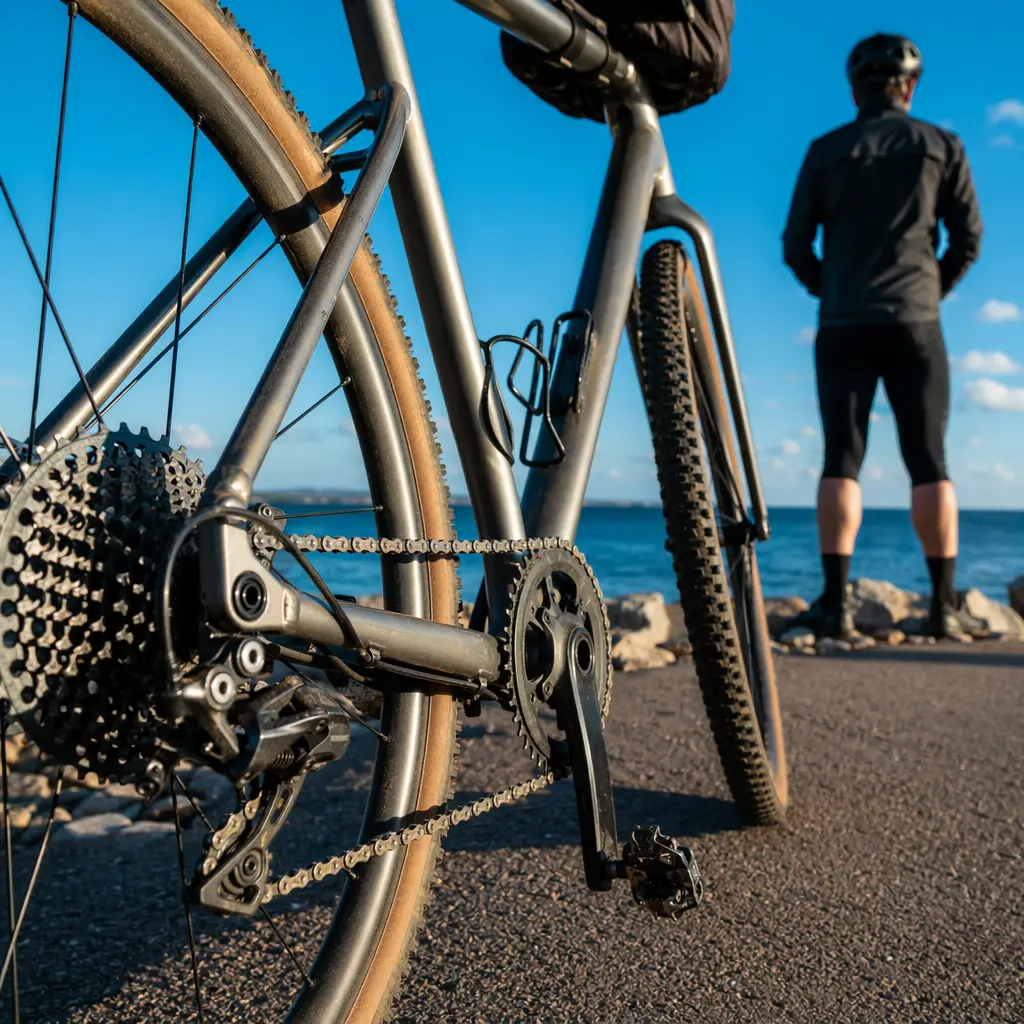 Close-up of a gravel bike drivetrain beside a sunny seafront route