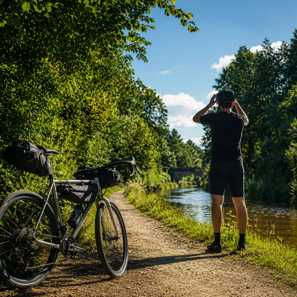 A gravel bike beside a sunny canal towpath during a bright summer ride