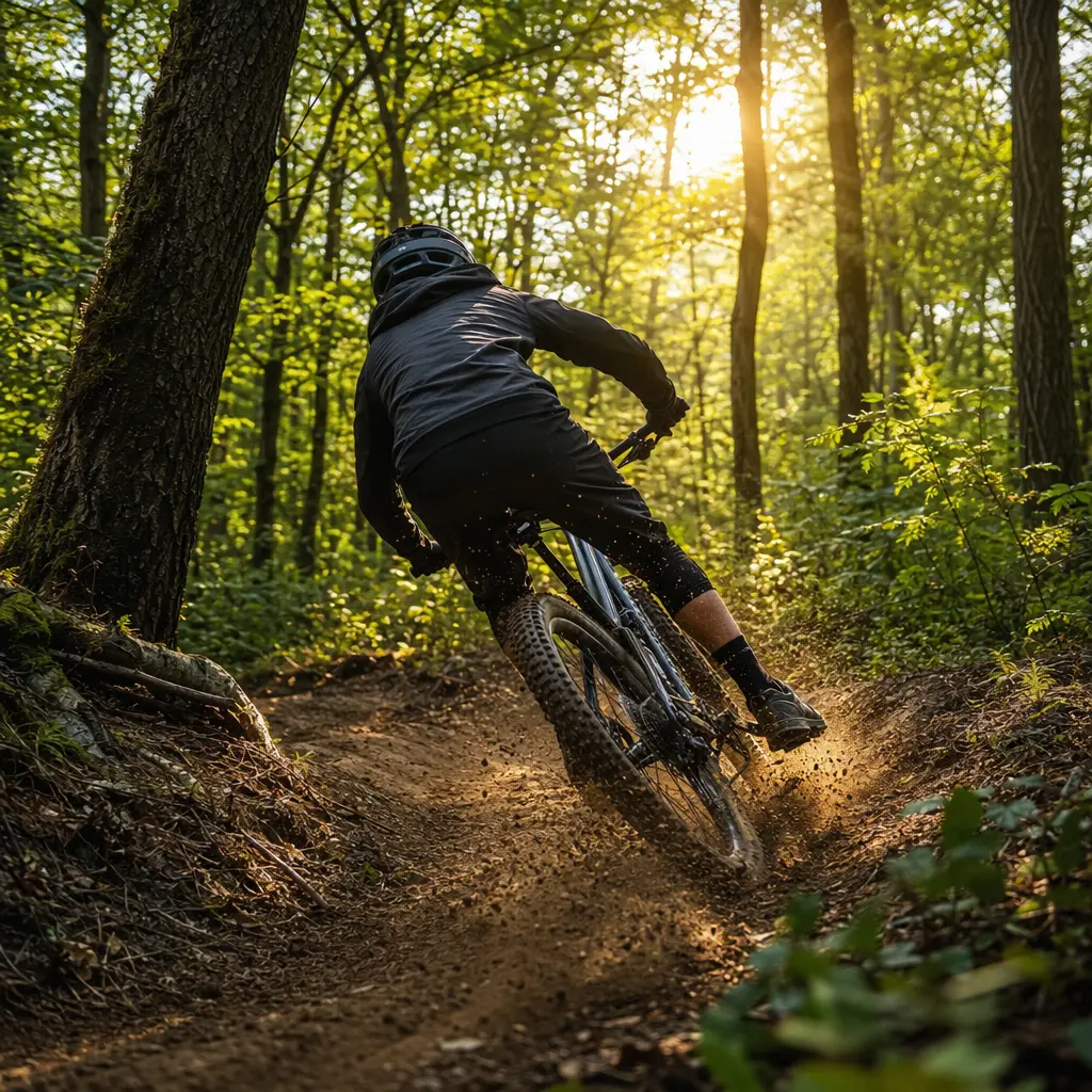 A modern aggressive hardtail mountain bike ridden through sunlit woodland singletrack.