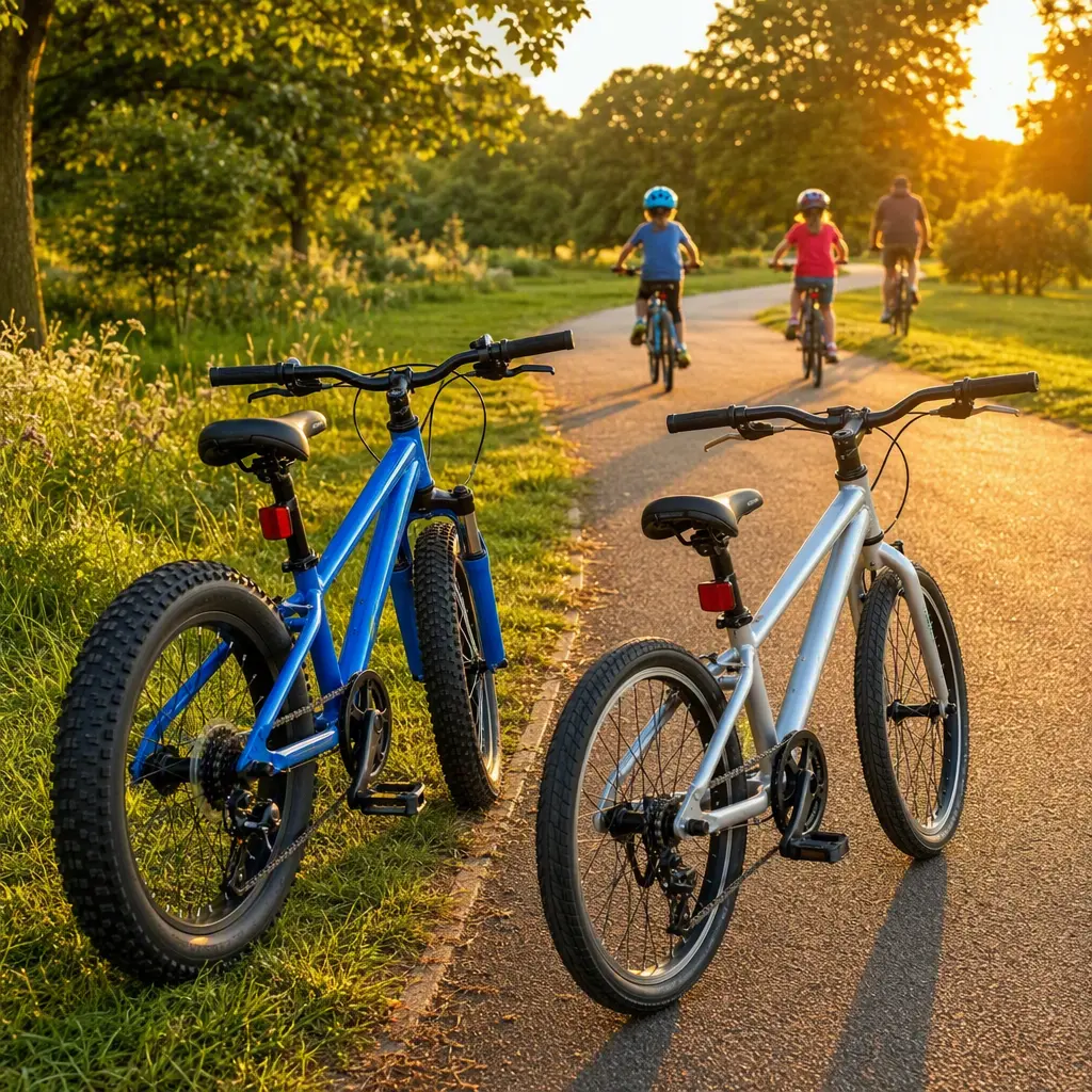 Two children’s bikes beside a sunny park path showing differences in size and weight