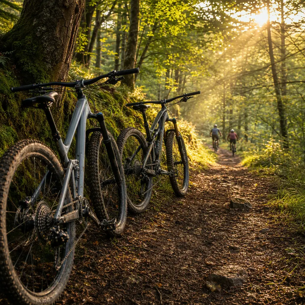 Two mountain bikes beside a sunlit woodland trail in the UK