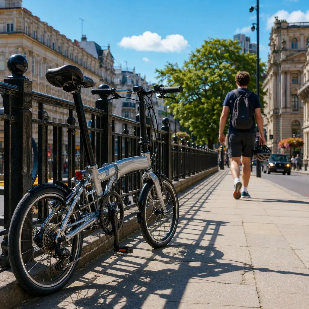 Folding bicycle on a sunny urban street with strong summer lighting