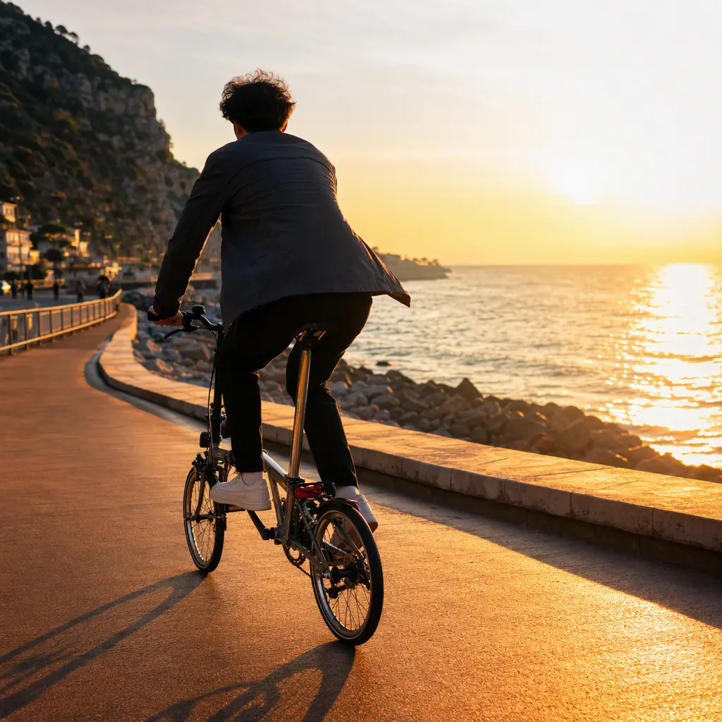 Lightweight folding bike riding along a sunny coastal promenade at golden hour