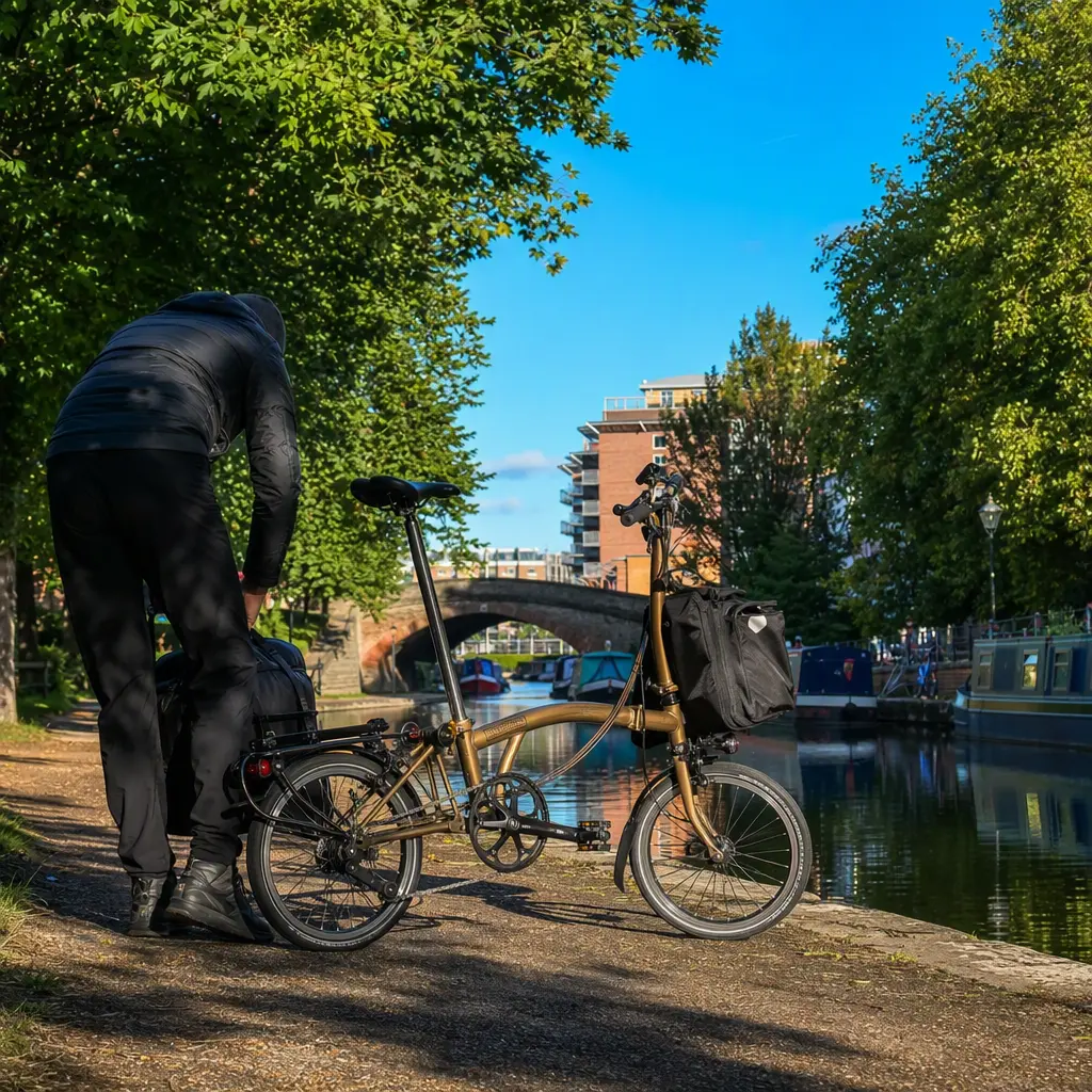 Compact folding bike beside a sunny canal towpath with a rider silhouette in the background