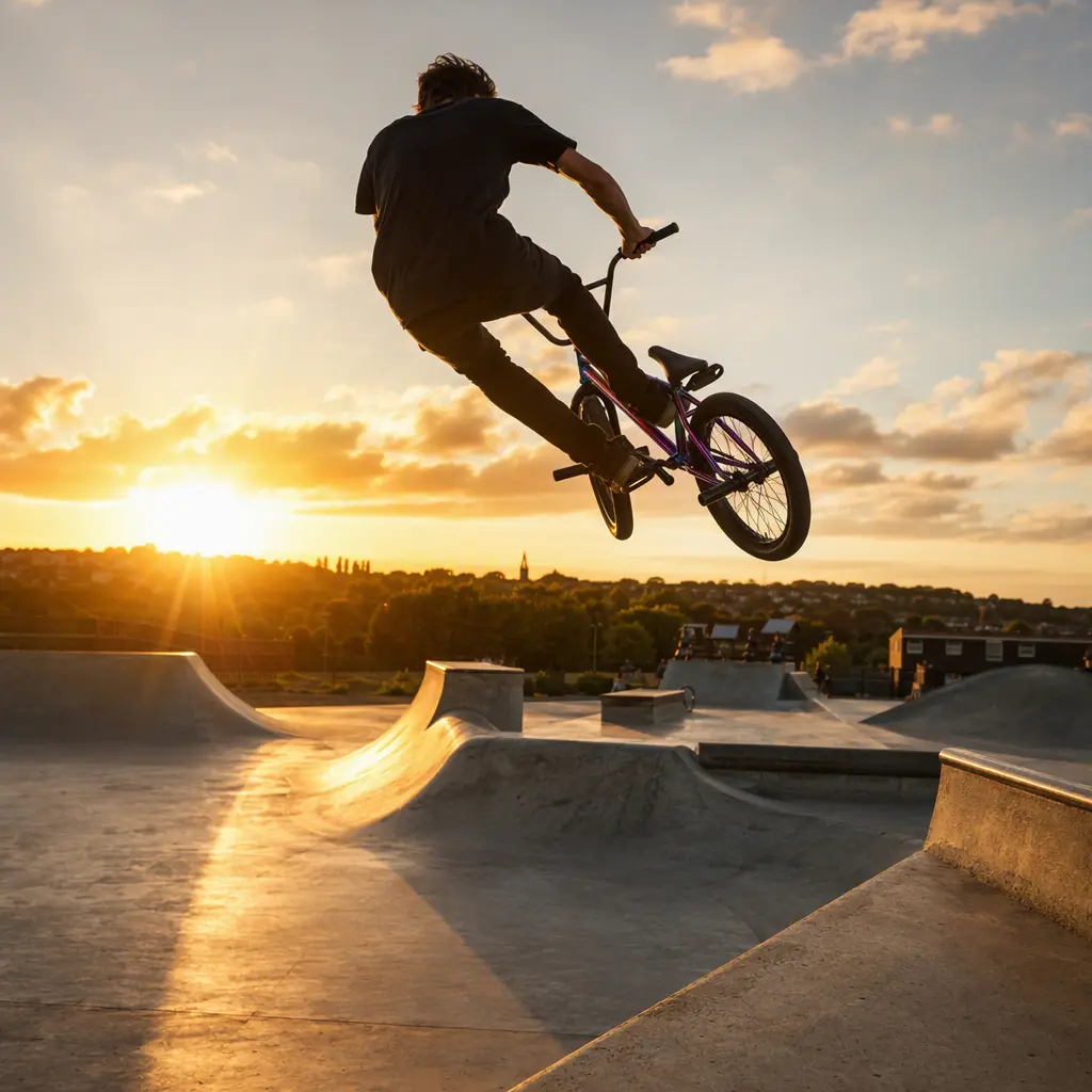 BMX rider practising jumps at a skatepark during golden hour