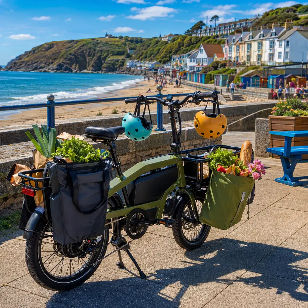 Compact electric cargo bike loaded with shopping near a sunny seafront