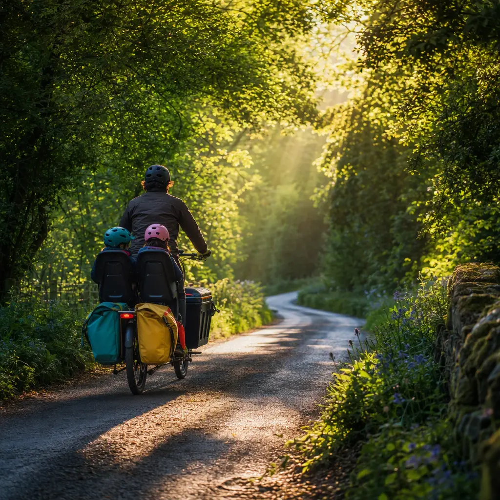 Longtail electric cargo bike riding through woodland in bright morning sunlight