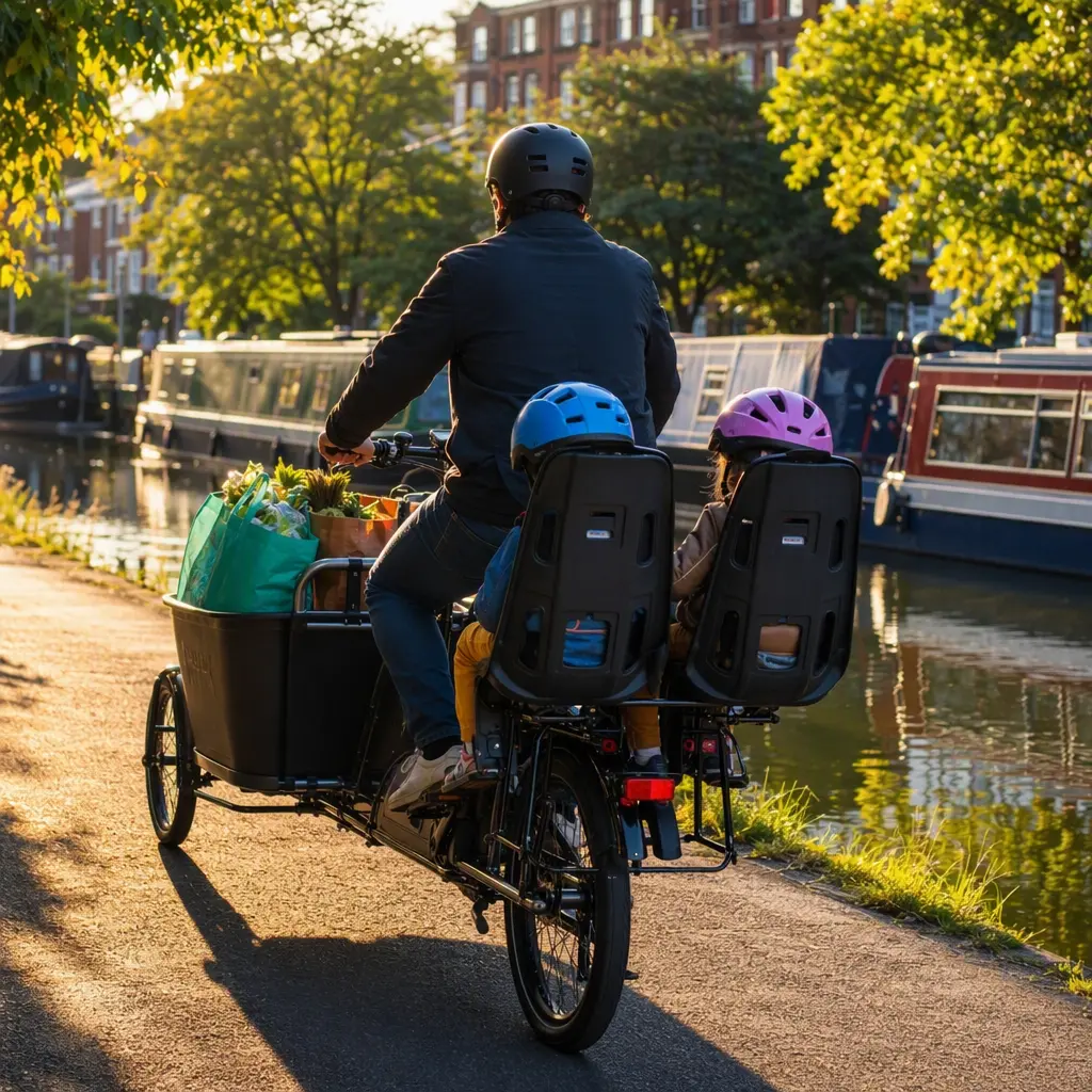 Electric cargo bike riding beside a canal in warm evening sunlight
