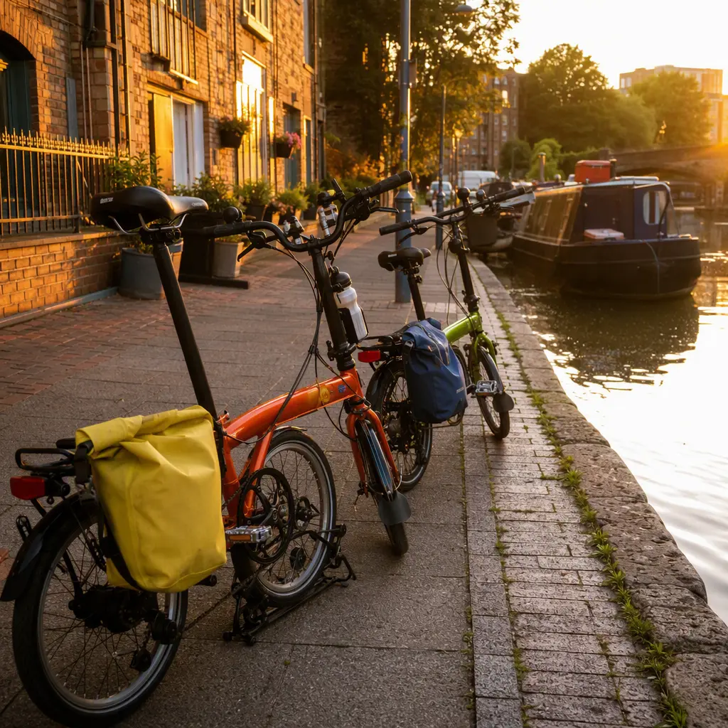 Folding bikes parked near a canal path in warm evening light.