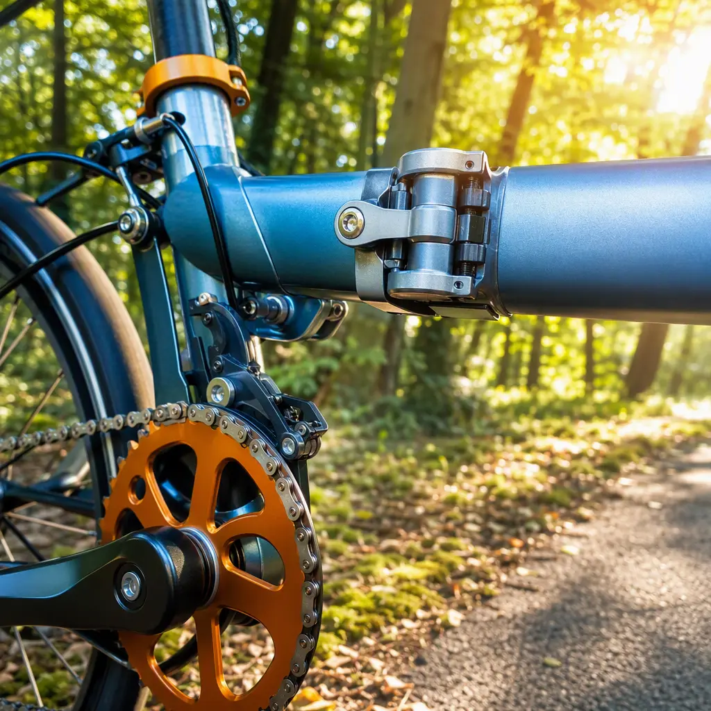 Close-up of a folding bike hinge and drivetrain in warm sunlight.