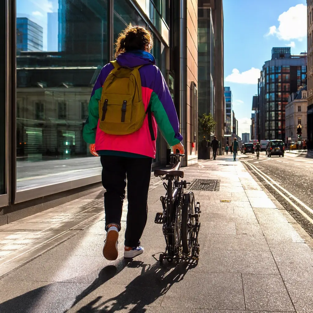 A commuter walking beside a folded bike on a bright city street near office buildings.