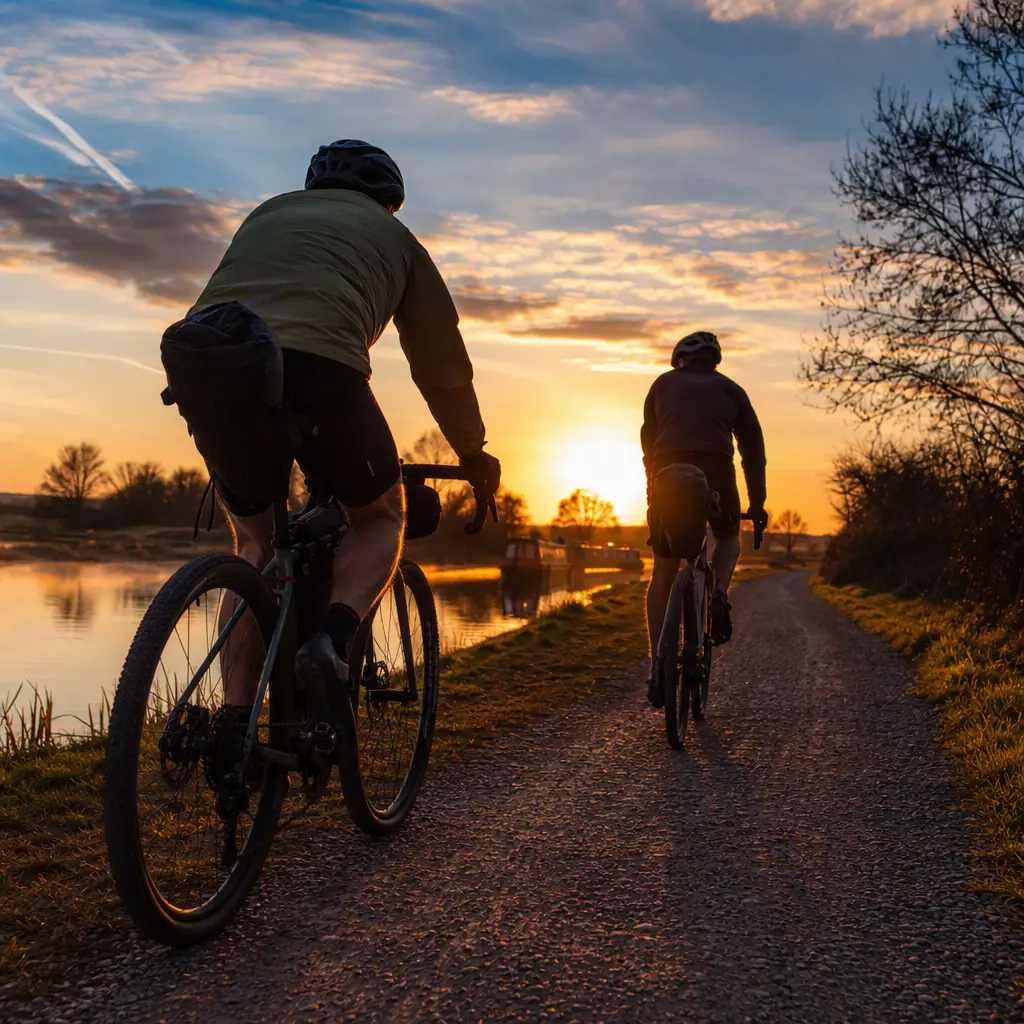 Two gravel riders with bikepacking bags riding along a sunlit canal towpath at golden hour