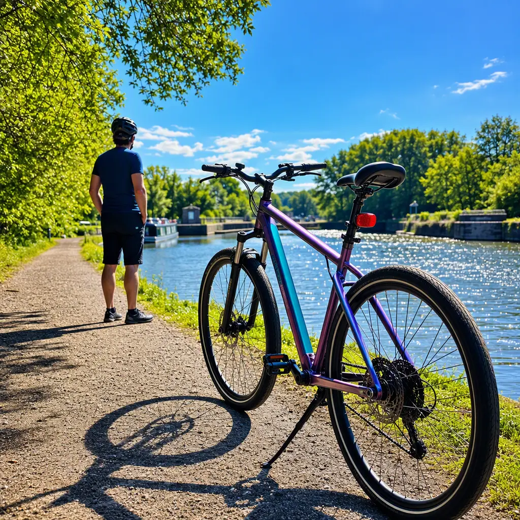 Hybrid bike beside a sunny canal towpath