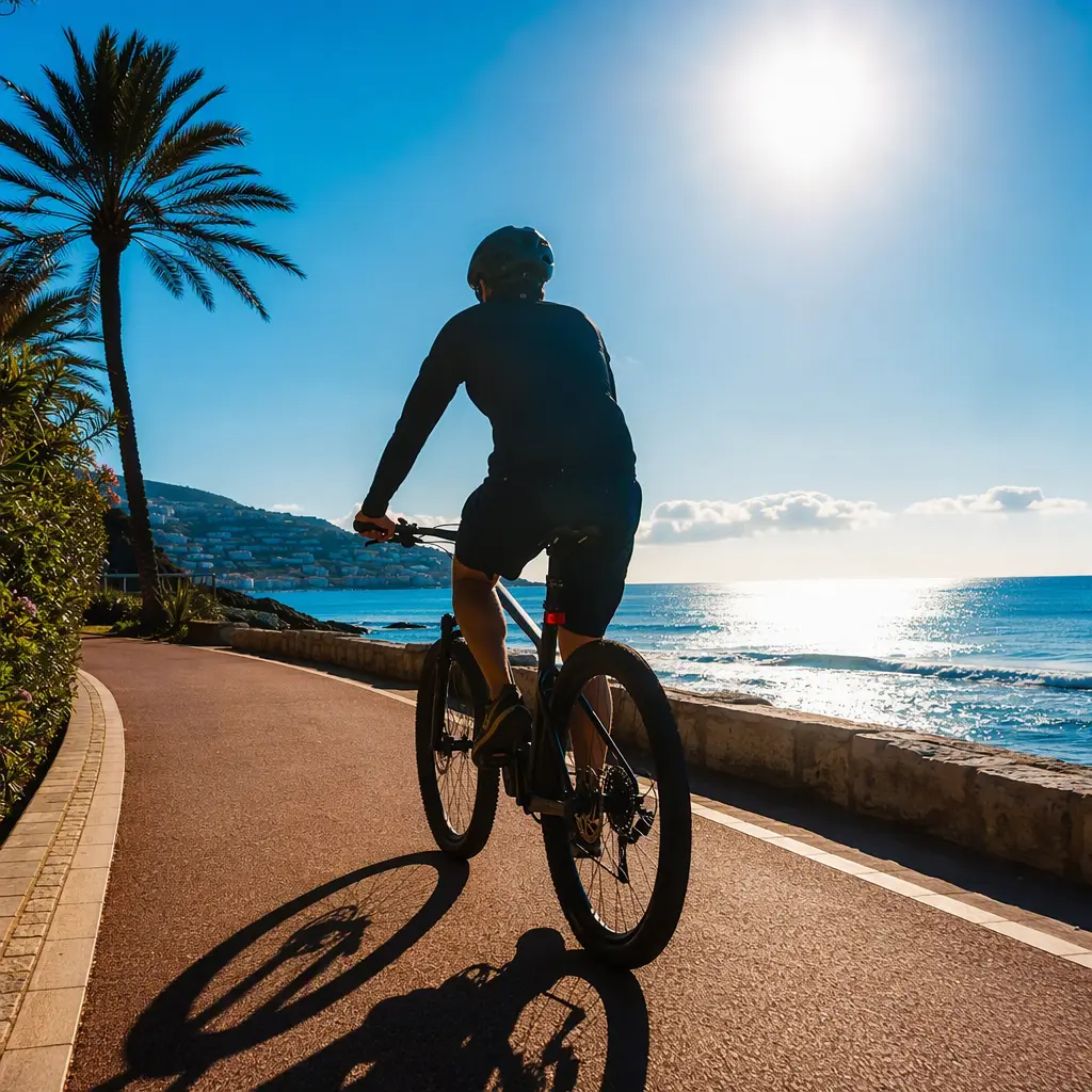 Hybrid bike riding along a sunny coastal promenade