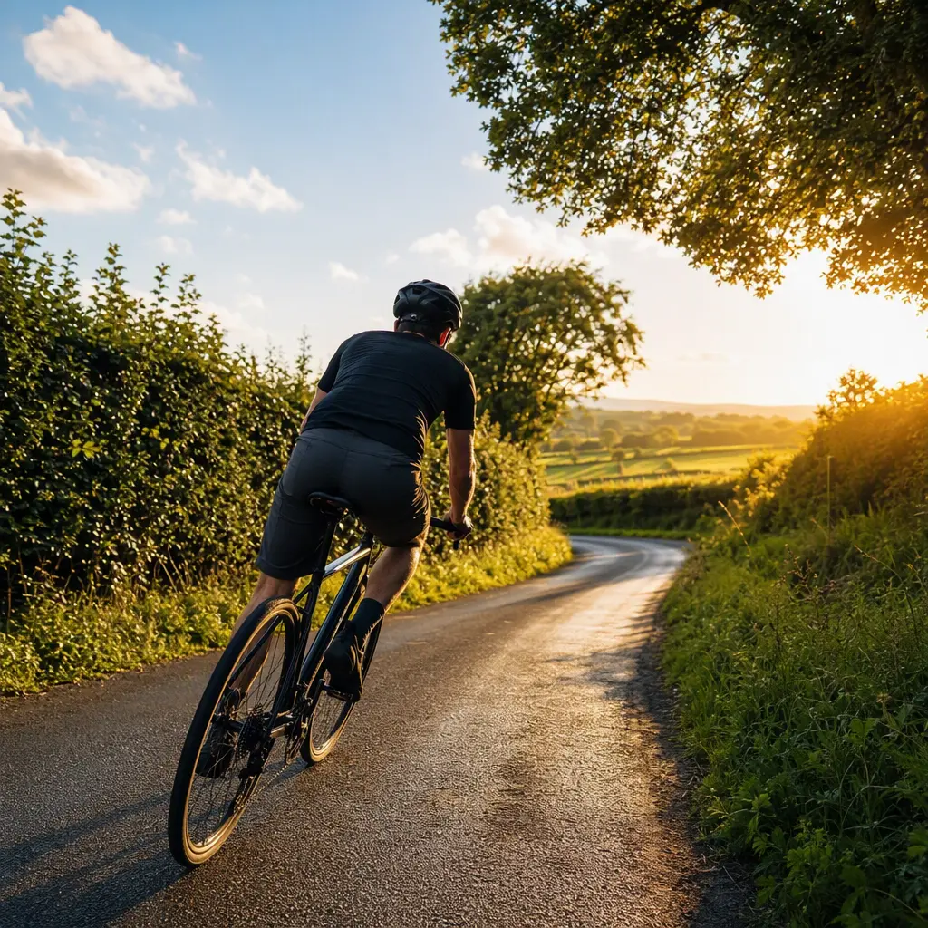 Hybrid bike on a sunny country lane during golden hour