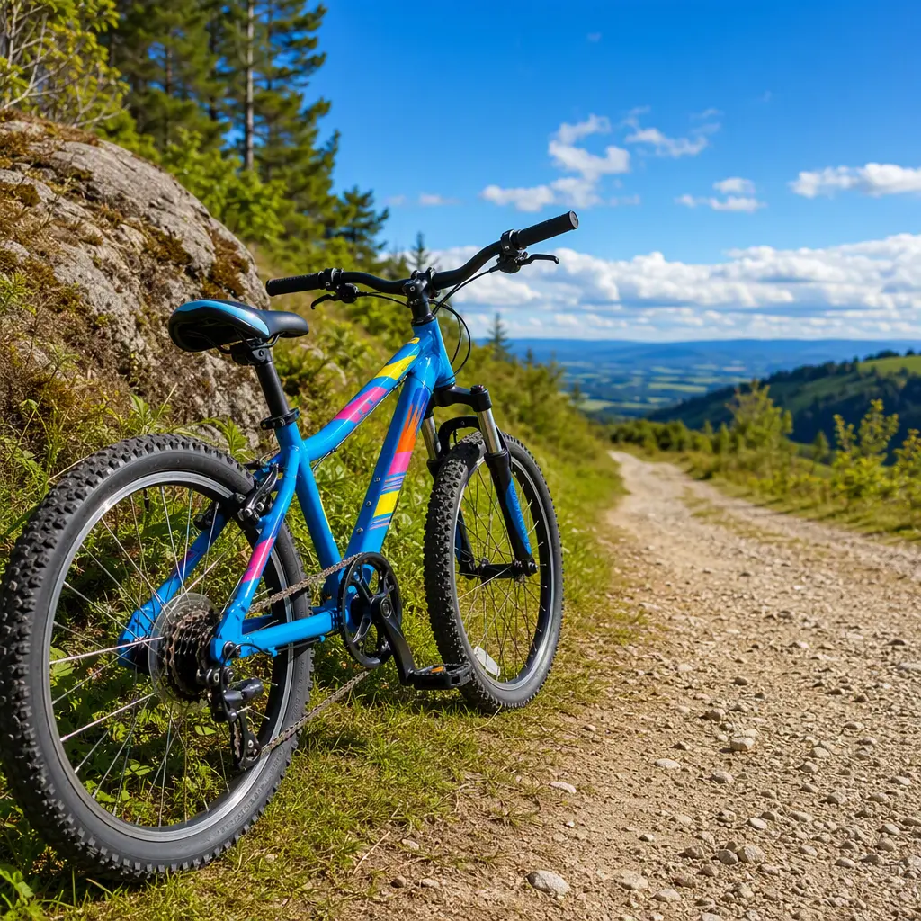 Kids hardtail mountain bike on a bright summer gravel trail
