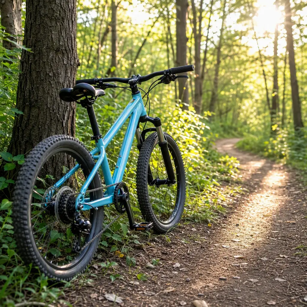 Kids mountain bike beside a sunlit woodland trail