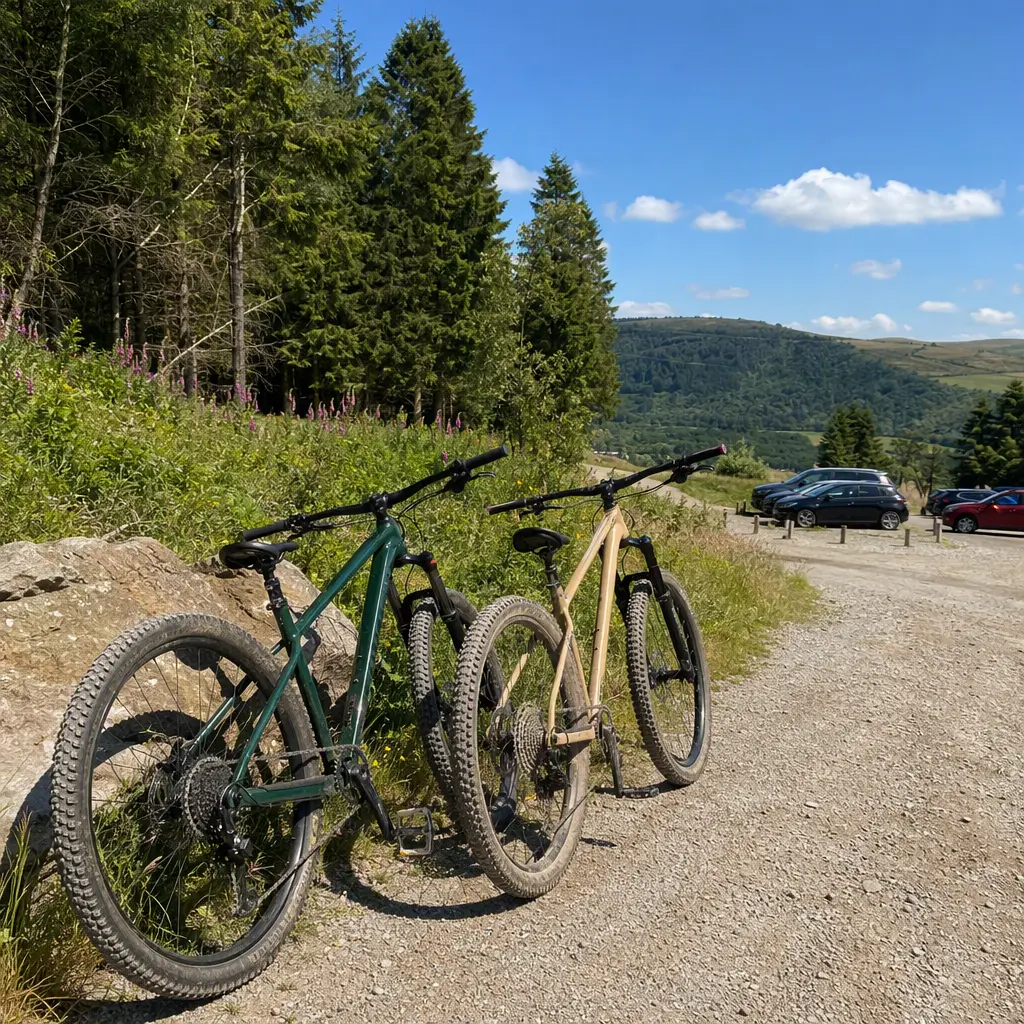 Trail-ready hardtail mountain bikes beside a sunny forest trail