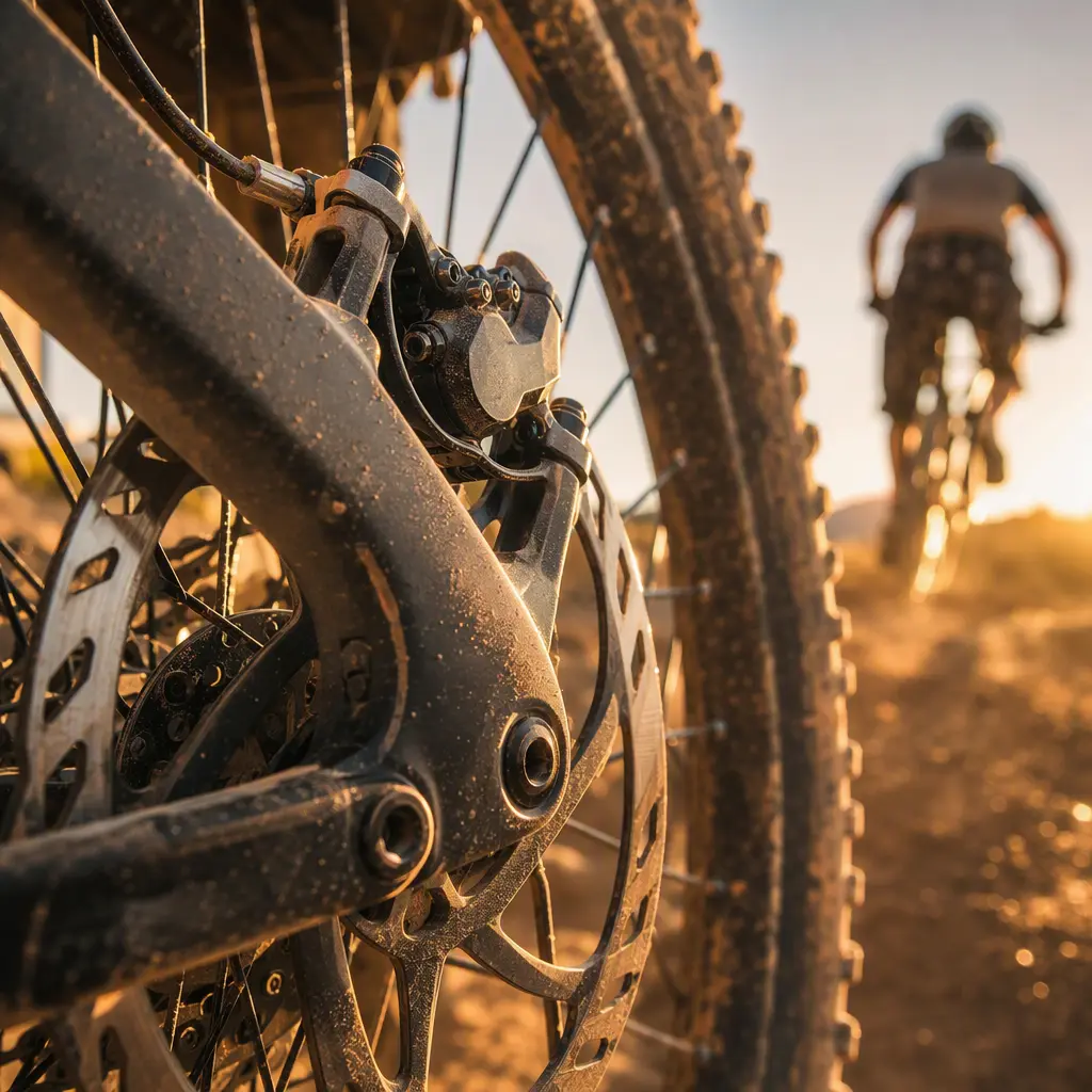 Close-up of hydraulic disc brakes and mountain bike tyre in sunny trail conditions