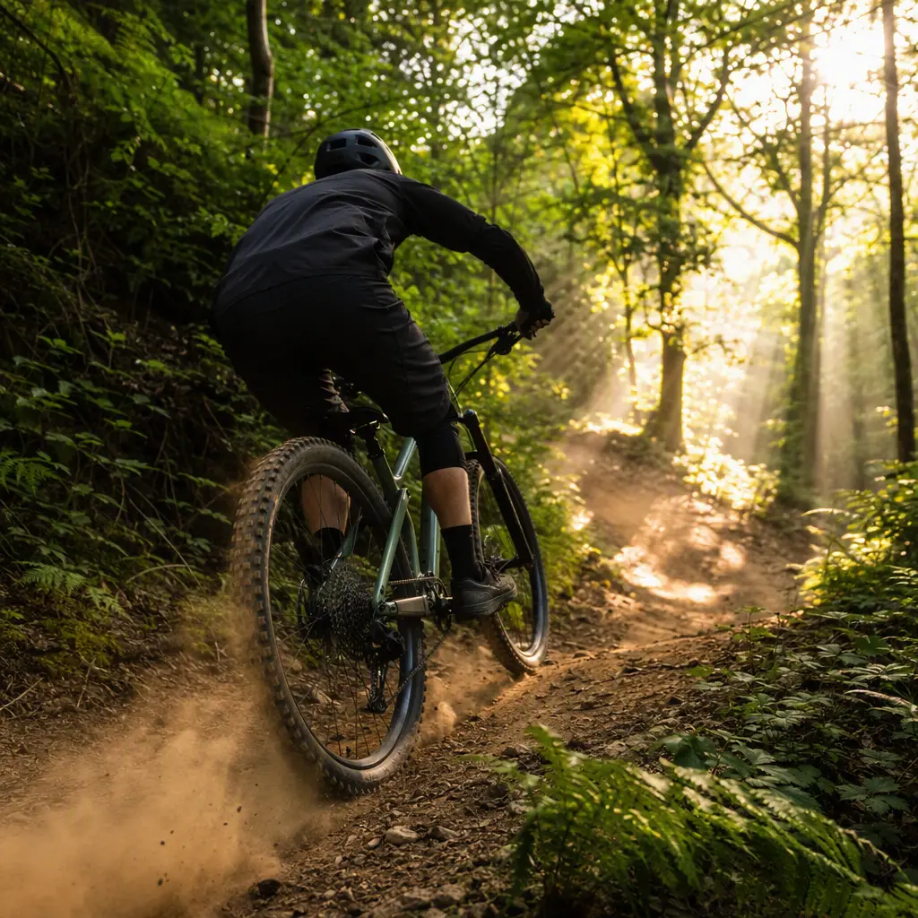 Beginner trail rider on a hardtail mountain bike in sunny woodland conditions