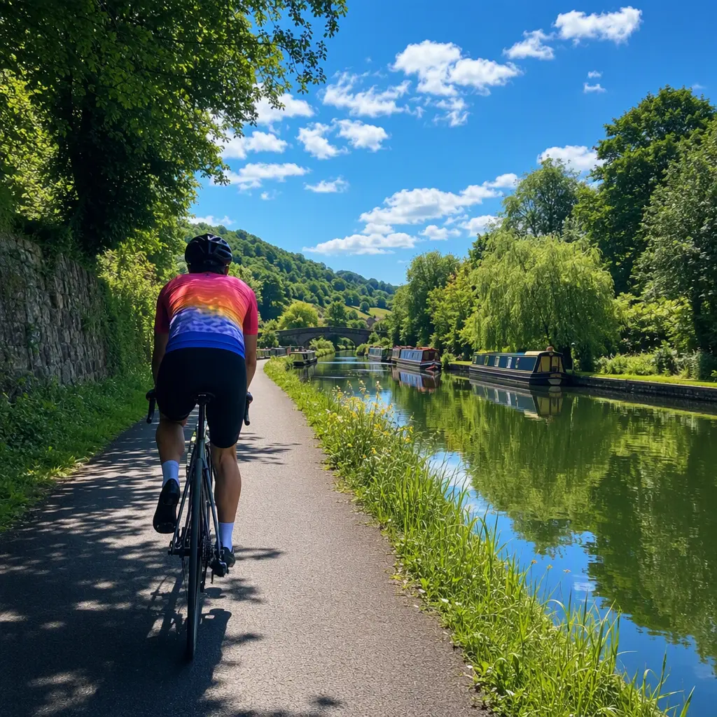 Road cyclist riding quickly beside a canal on a bright summer day