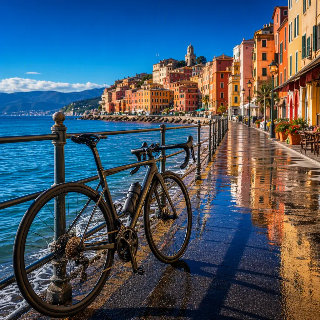 Road bike near a sunny coastal promenade with vivid daylight