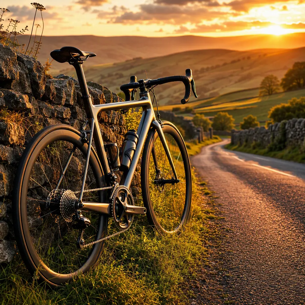 Endurance-style road bike beside a sunlit country lane during golden hour
