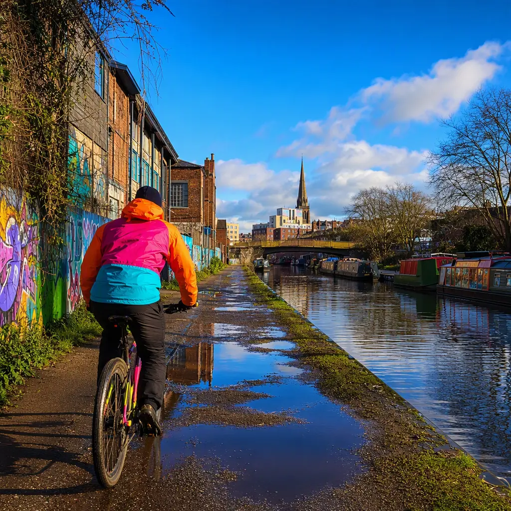 Waterproof cycling jacket in use on a sunny canal towpath after rain
