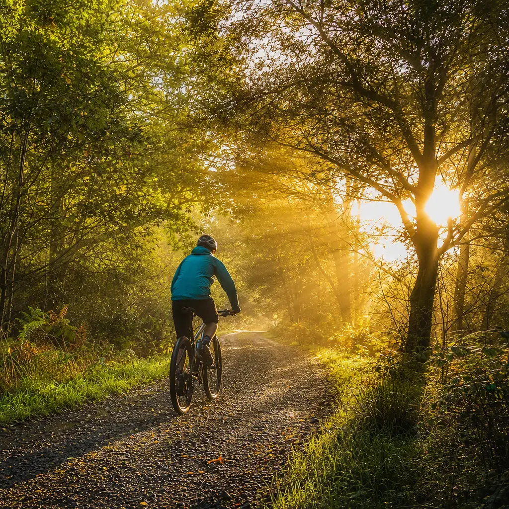 Cyclist in waterproof jacket riding through sunlit woodland