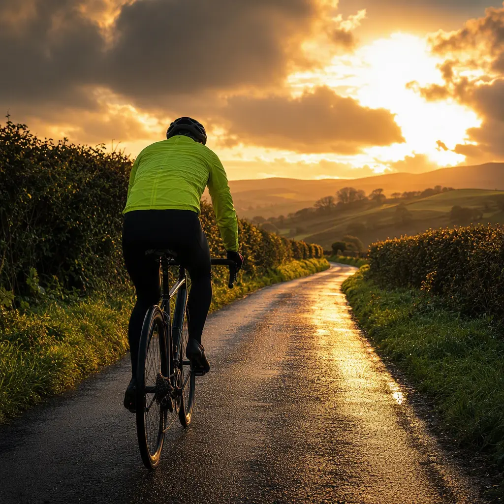 Cyclist in a bright waterproof jacket riding along a sunlit wet country lane
