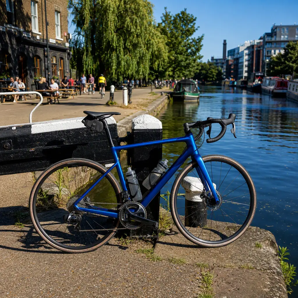 Endurance road bike beside a sunny canal towpath