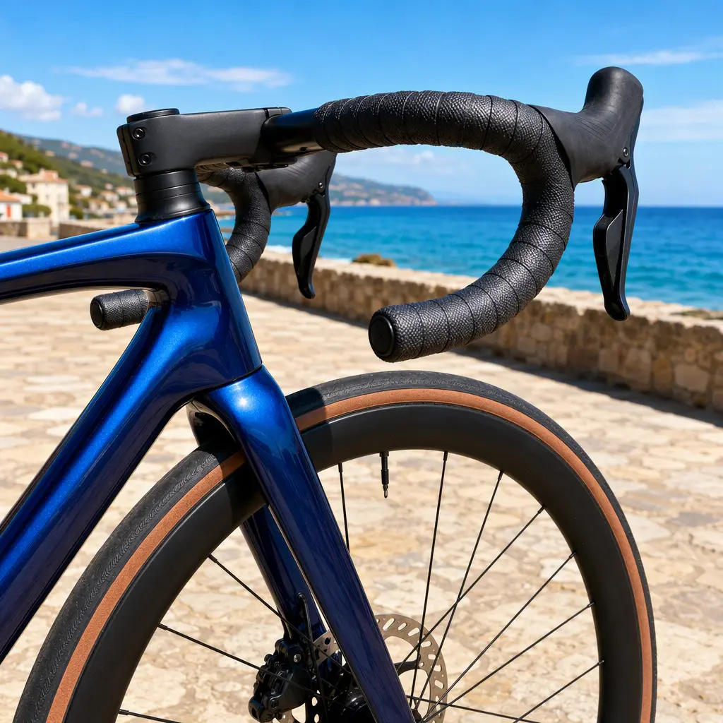 Close-up of an endurance road bike on a bright seafront ride