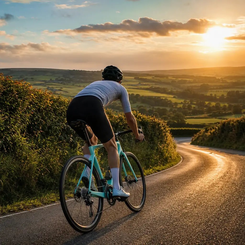 An endurance-style Italian road bike on a sunlit country lane at golden hour