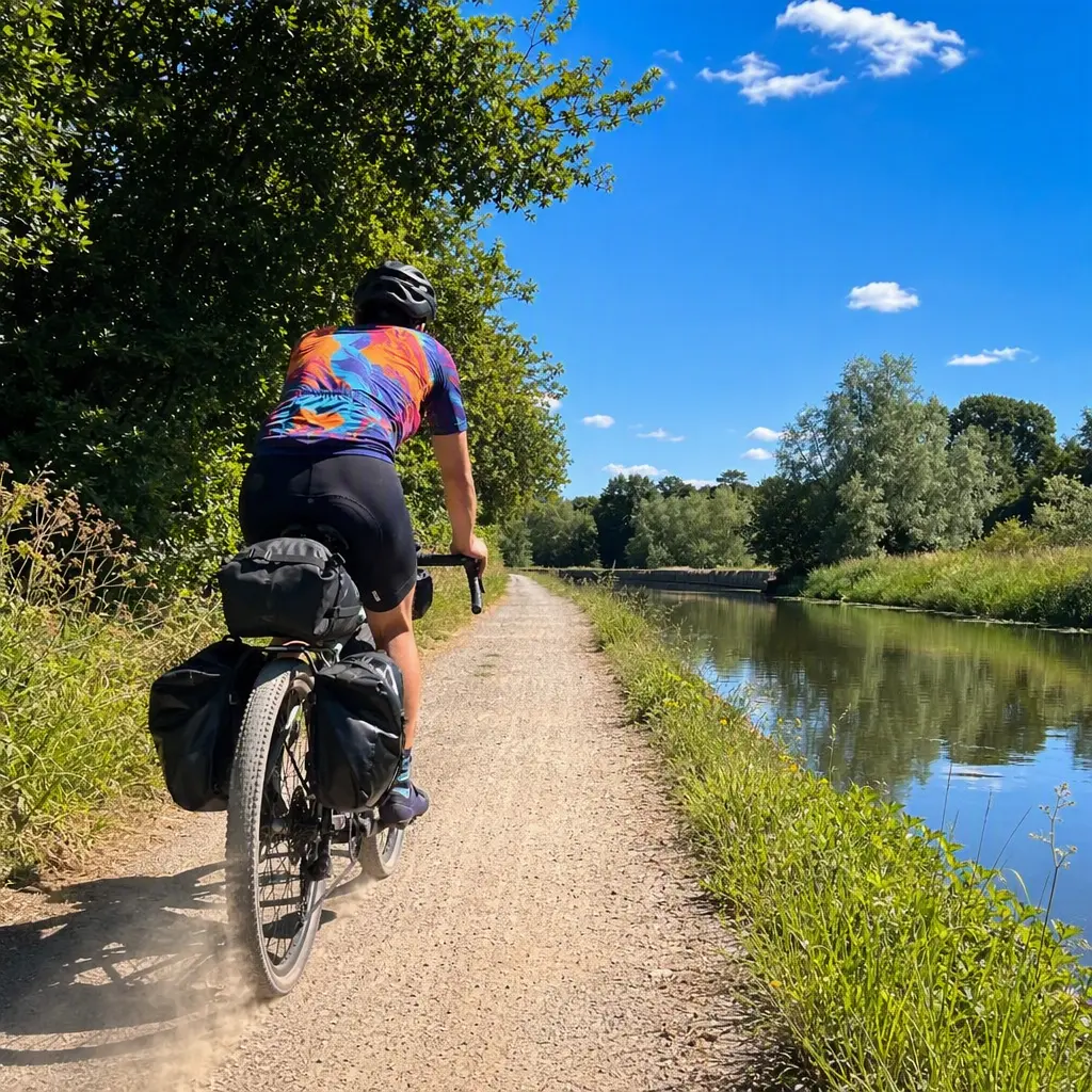 Gravel bike riding beside a sunny canal towpath