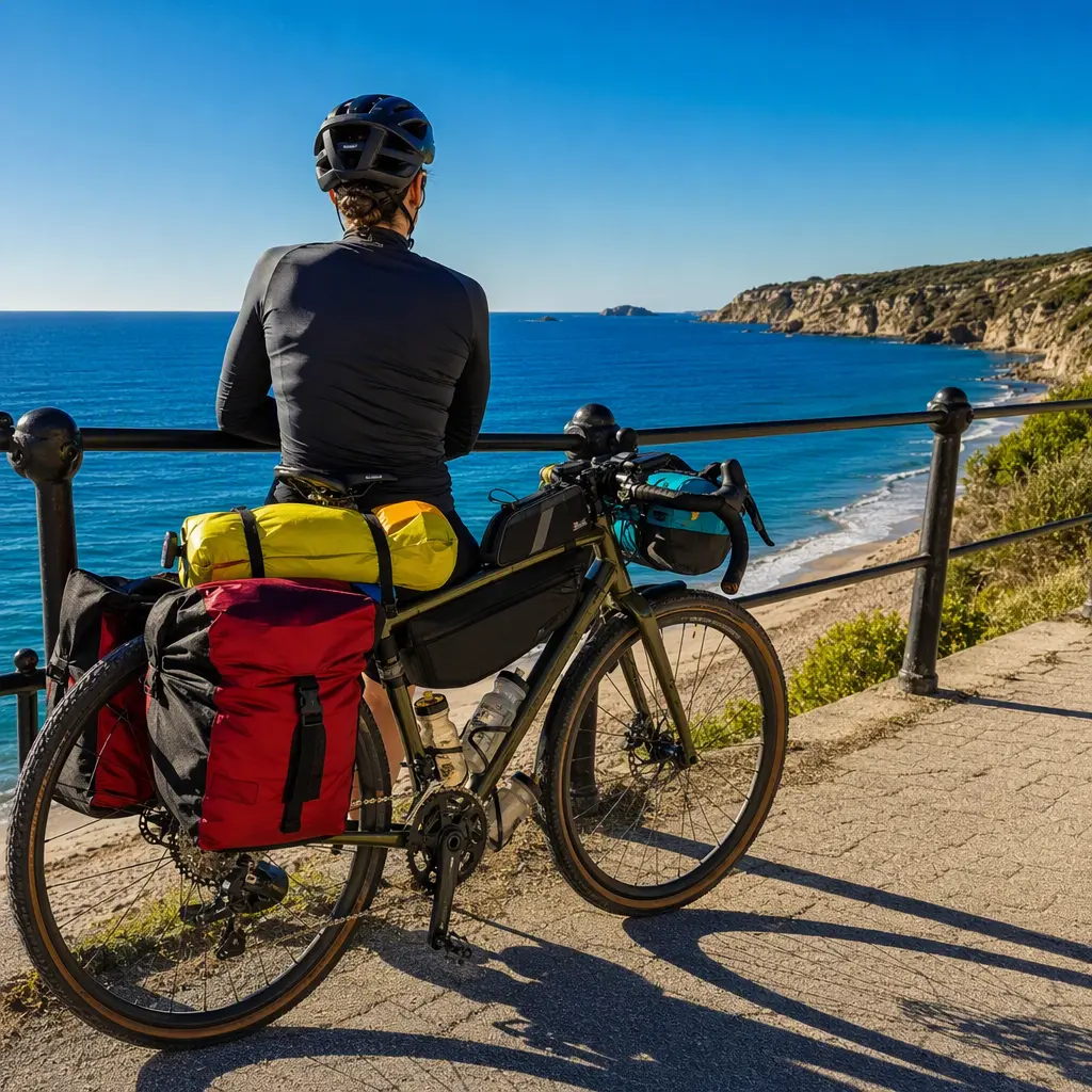 Gravel bike beside a sunny coastal promenade