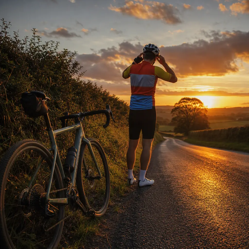 Gravel bike on a sunlit country lane during golden hour