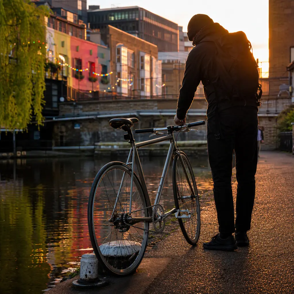 Steel single-speed commuter bike beside a canal towpath at sunset in London