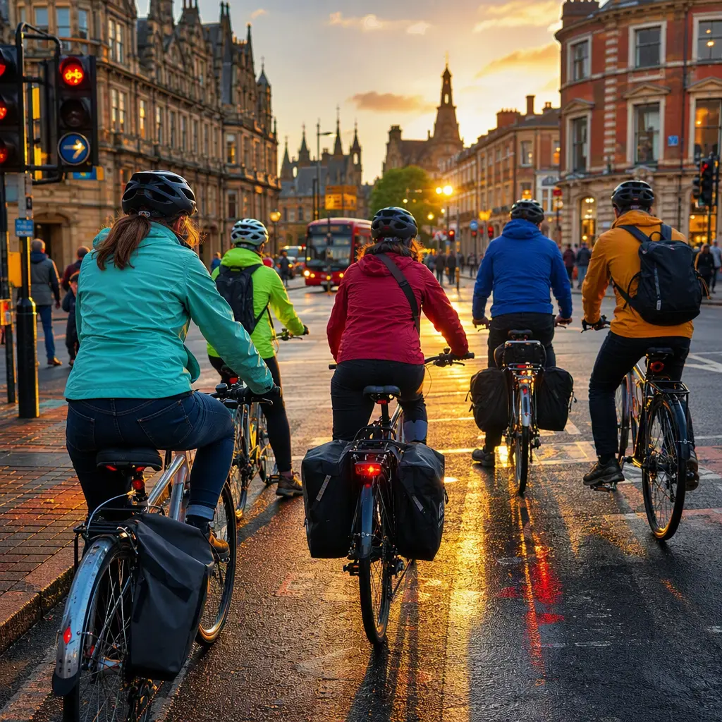 Commuter cyclists riding through a sunny city street on modern hybrid bikes