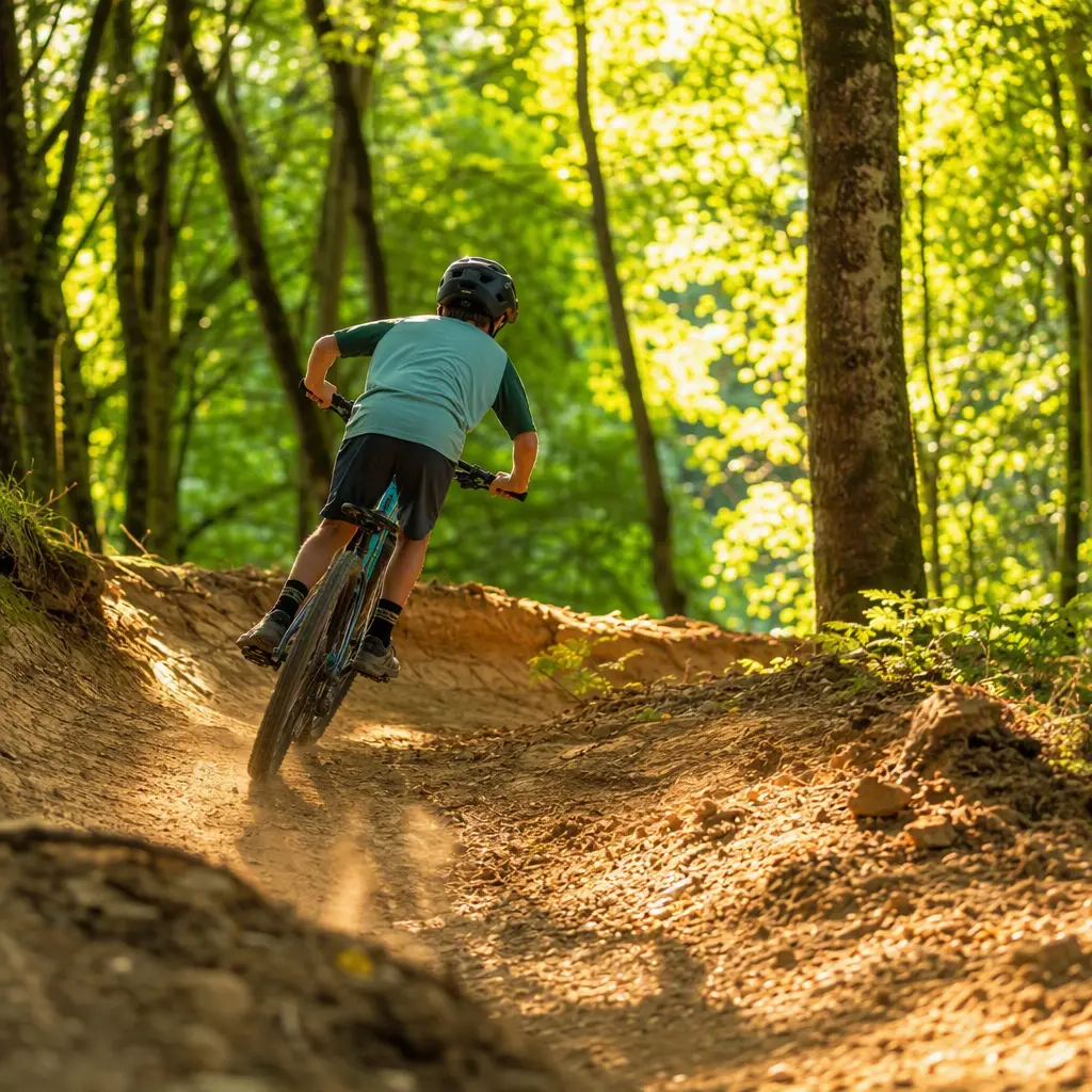 Junior rider on a lightweight trail mountain bike in sunny woodland