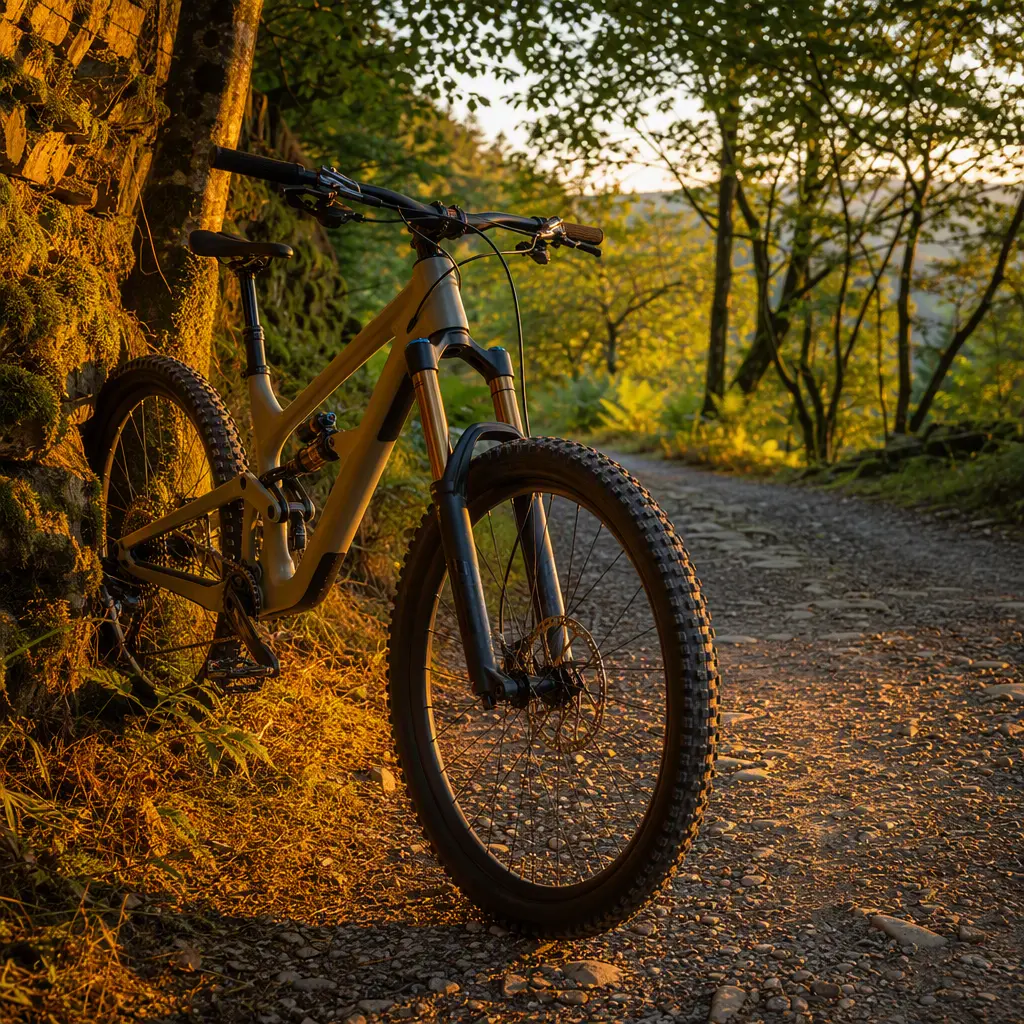 Trail full-suspension mountain bike beside a forest track in golden evening light