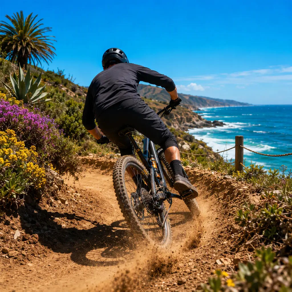 Full-suspension mountain bike riding beside a sunny coastal trail