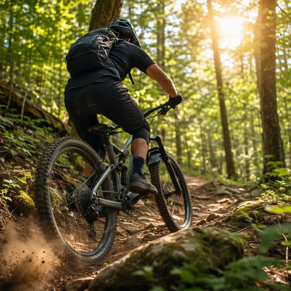 Full-suspension mountain bike on a sunlit woodland trail with rider seen from behind