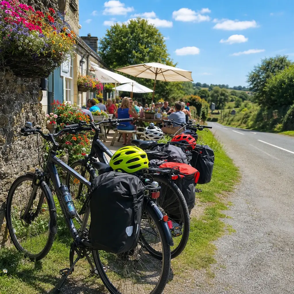 Hybrid bikes stopped at a countryside cafe during a sunny leisure ride